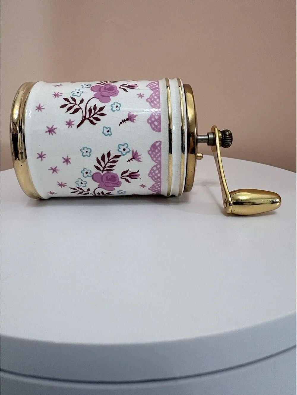 Vintage George S Thompson Ceramic Pepper Grinder Mill Pink Floral Gold Trim